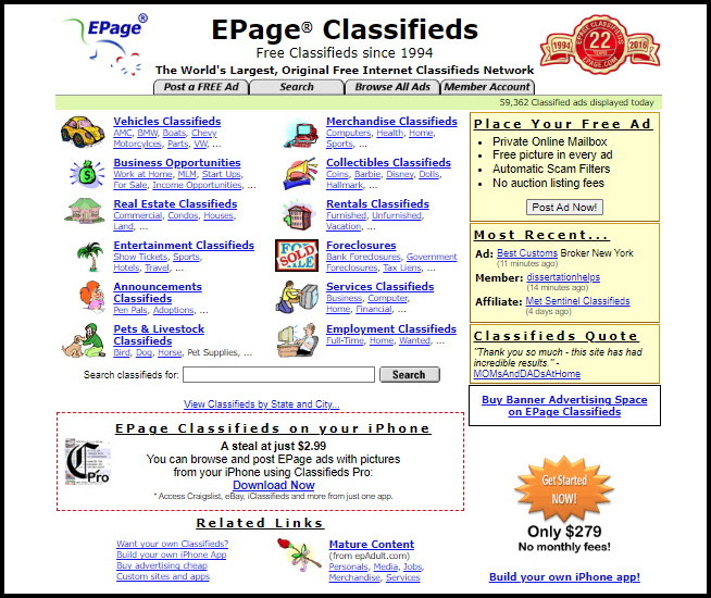EPage classified ads home page appearance